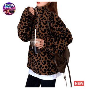 Leopard Print Half Zip Oversized Sweatshirt Drop Shoulder Long Sleeve Pullover